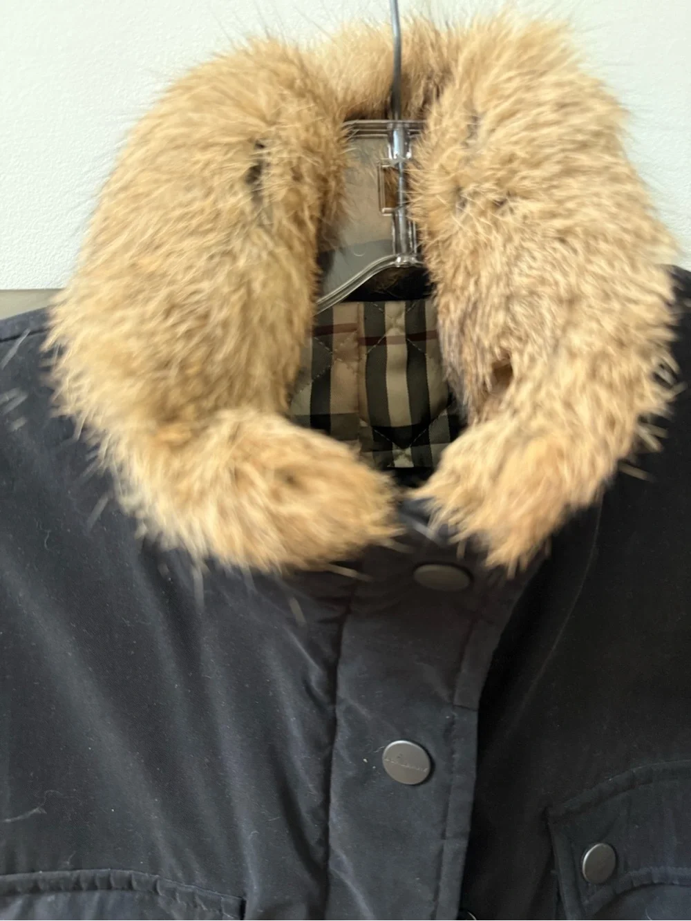 Burberry Black Trench Coat with Tan Fur Collar and Check Lining - Picture 7 of 10